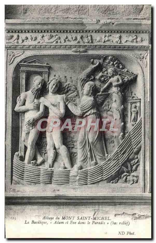 Abbaye du MONT SAINT-MICHEL — La Basilique, « Adam et Ève dans le Paradis » (bas-relief) — ND Phot.