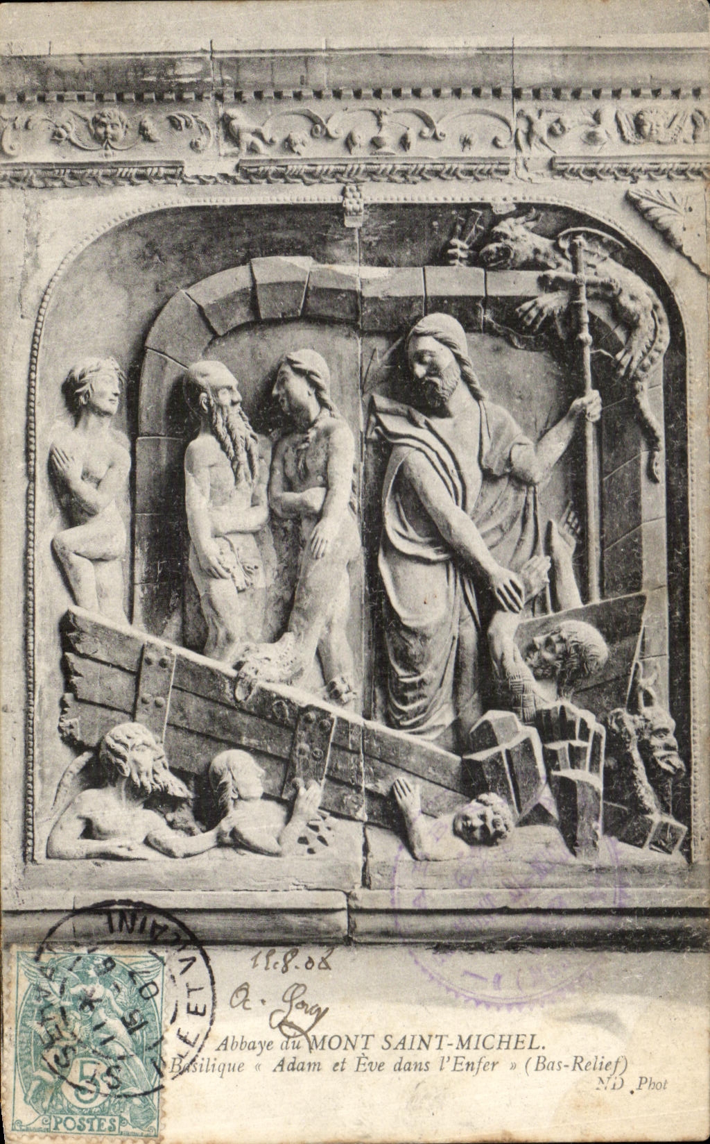 CPA Abbaye du Mont Saint Michel La Basilique Adam et Eve dans I'Enfer
