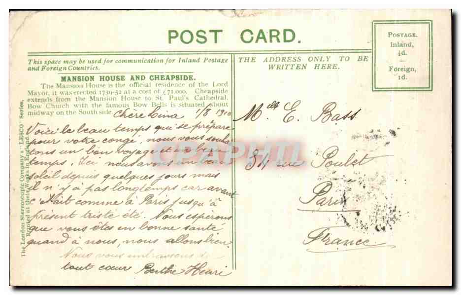 CPA London Mansion House And Cheapside — Rückseite