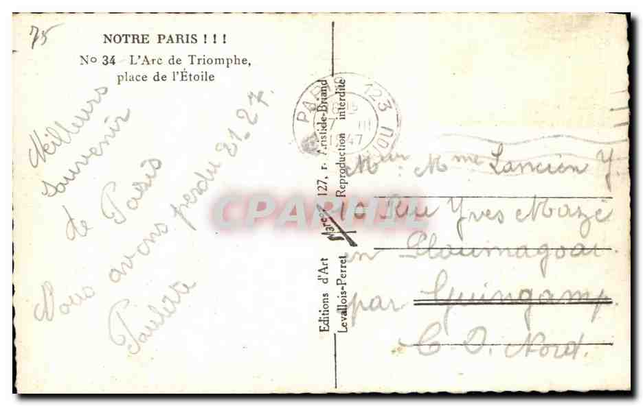 CPA Notre Paris L'Arc de Triomphe Place de I'Etoile — Rückseite