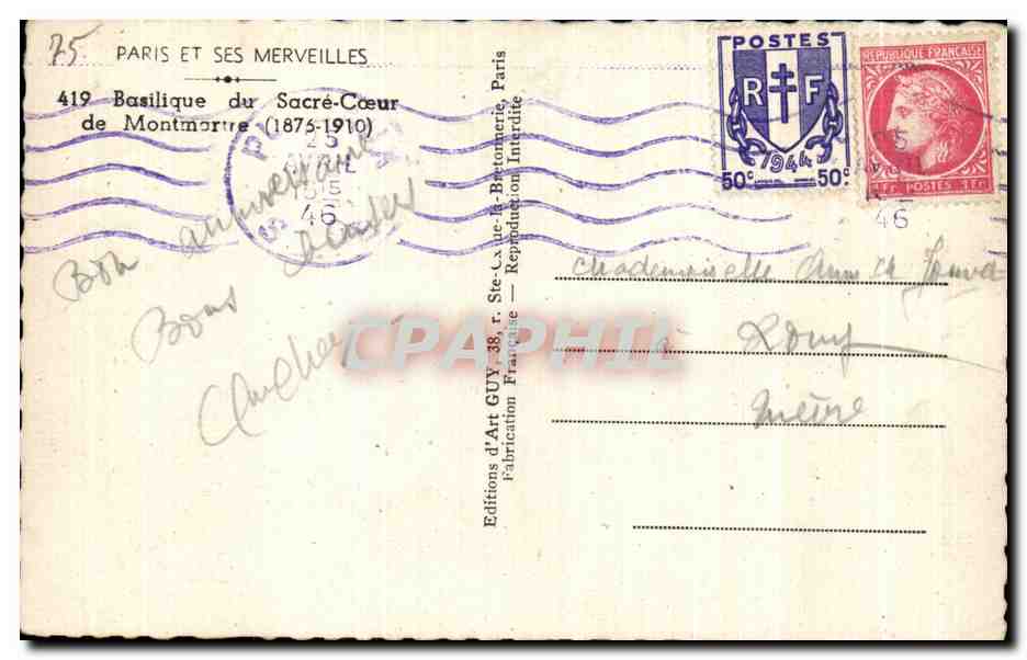 CPA Paris Et Ses Merveilles Basilique Du Sacre Coeur De Montmortre — Rückseite