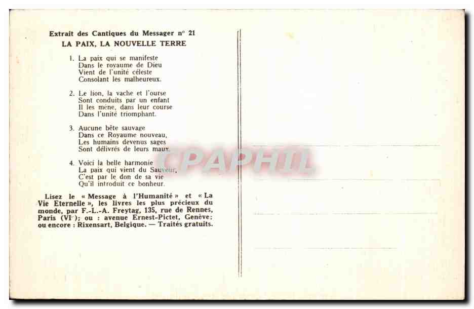 CPA L'harmonie du Paradis ou la terre estauree pendant le Regne de la Justice Lion Jaguar Agneau Ours Loup — Rückseite