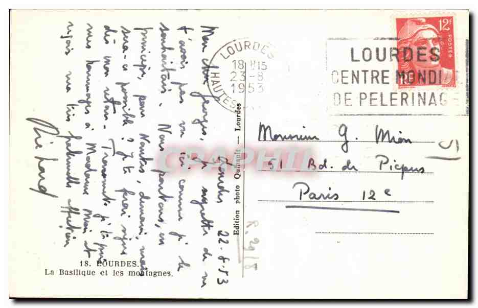 CPA Lourdes La Basillque et les montagnes — Verso