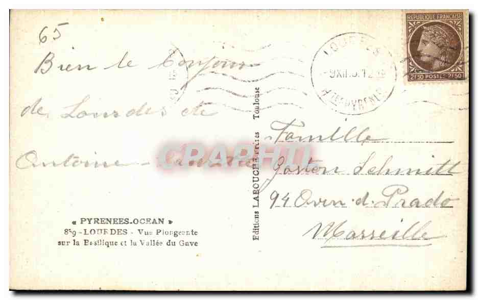 CPA Lourdes Vue Plongeante sur la Basilique et la Vallee du Gave — Verso