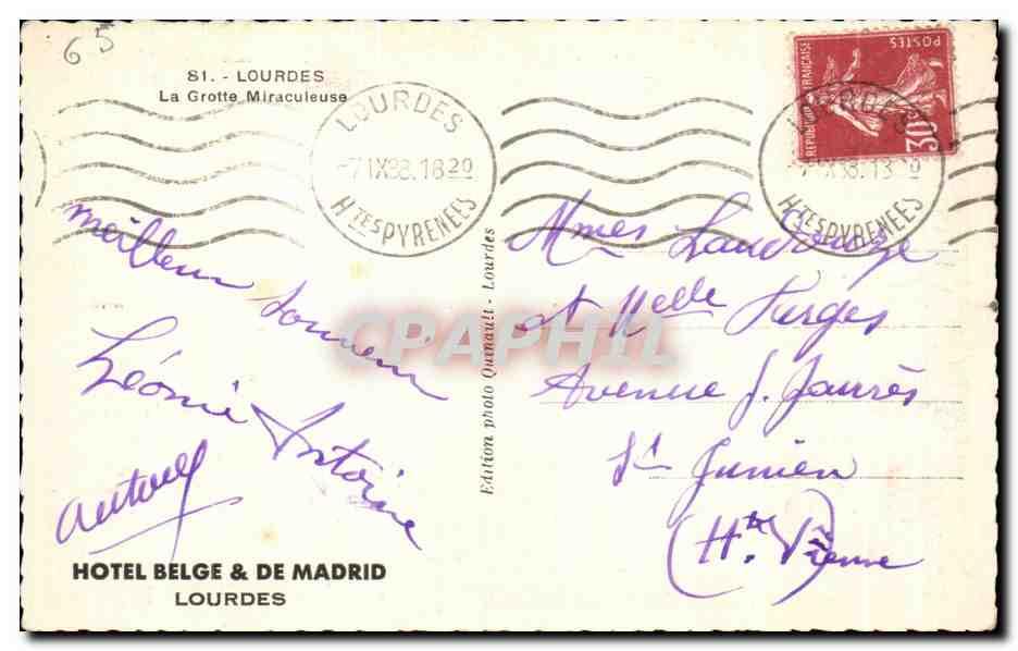 CPA Lourdes la grotte miraculeuse — Verso