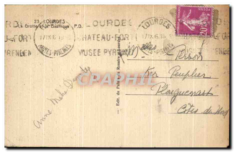 CPA Lourdes La Grotte et la Basilique — Verso