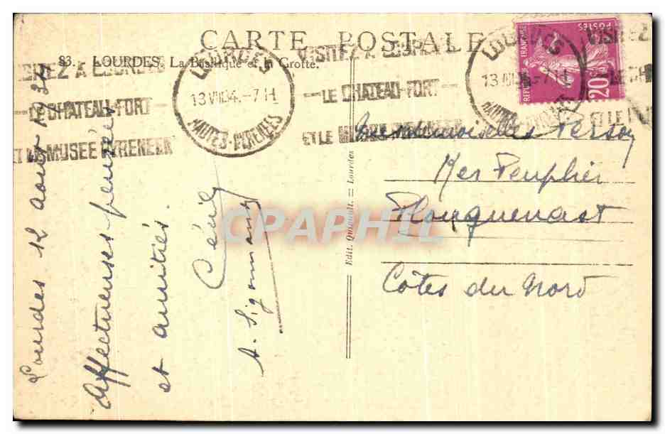 CPA Lourdes La Basilique La Grotte — Verso