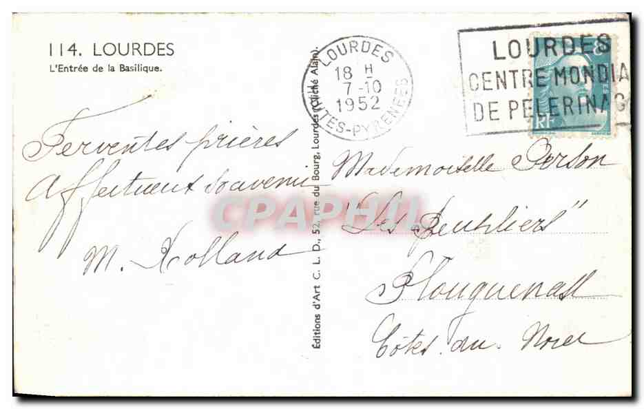 L'Entrée de la Basilique — Lourdes — Éditions d'Art Alain, n°114 — Verso