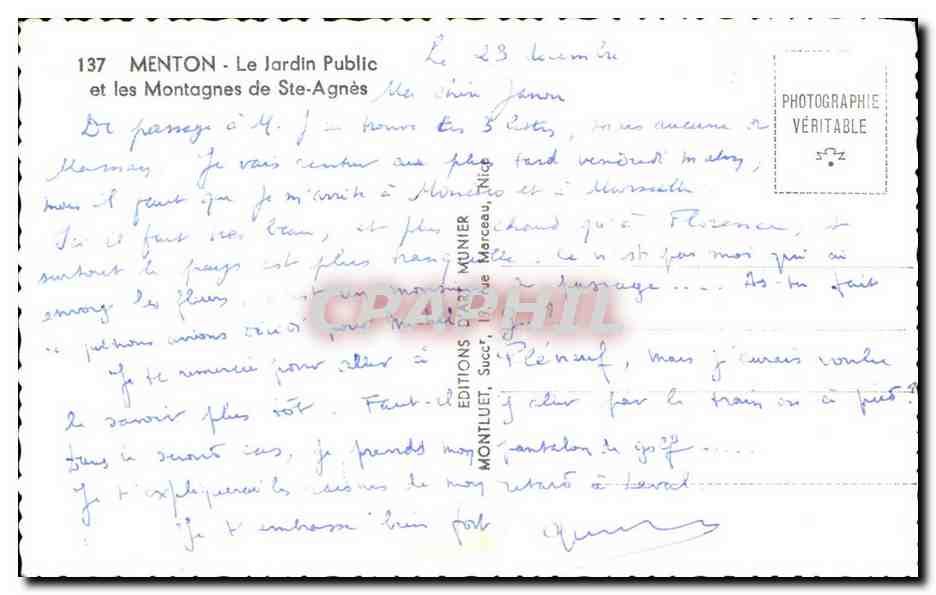 CPA Menton Le Jardin Public et les Montagnes de Ste Agnes — Rückseite