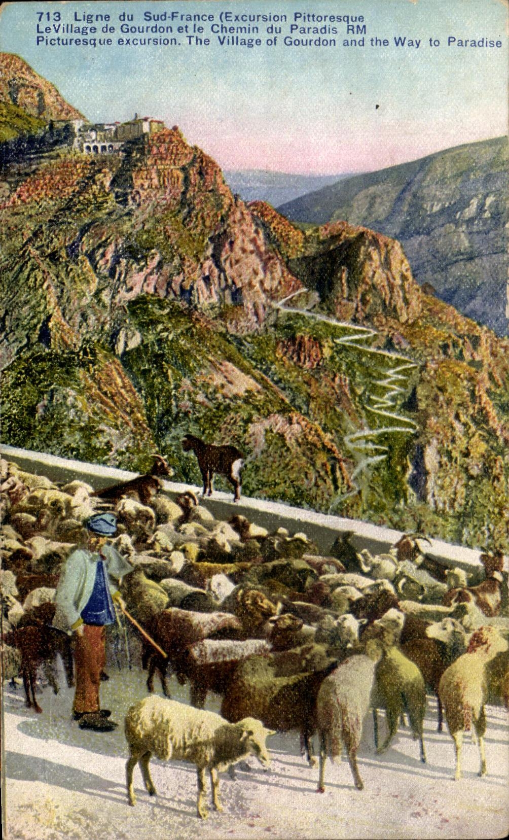 CPA Ligne du Sud France Le Village de Gourdon et le Chemin du Paradis Moutons Chevre Berger 