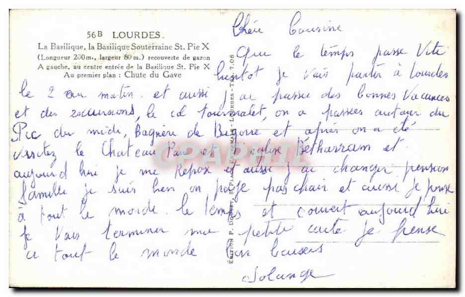CPA Lourdes Le Basilique la Souterraine St Pie — Verso