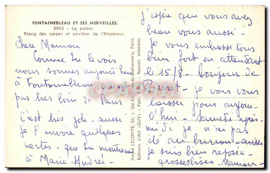 Fontainebleau y sus maravillas — Étang des Carpes y pabellón del Emperador — André LECONTE d'Art, París — Reverso