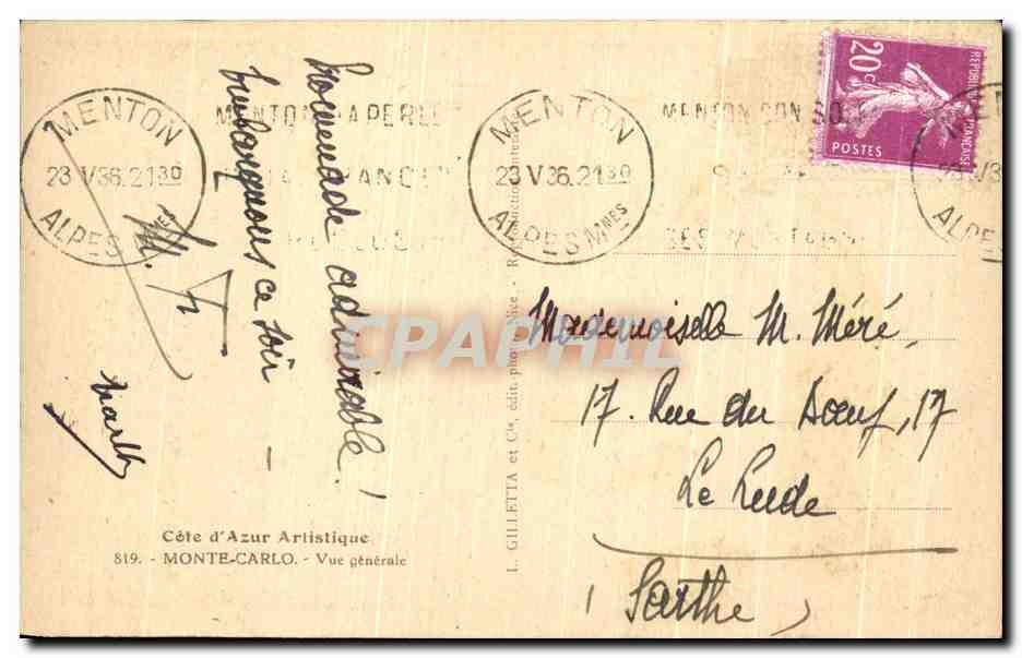 CPA Cote d'Azur Artistique Monte Carlo Vue Generale — Rückseite