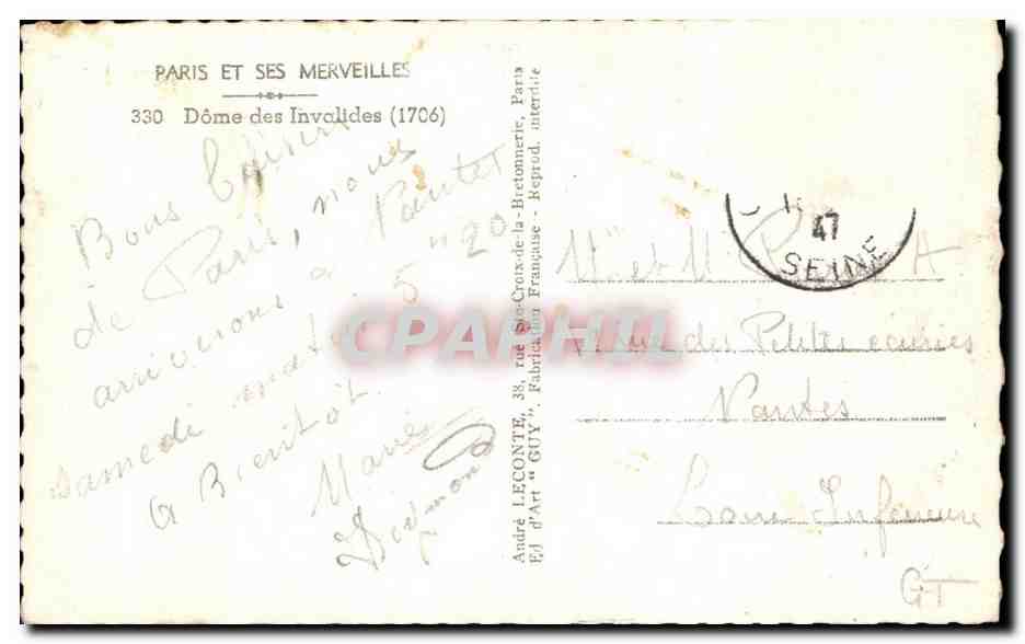 CPA Paris Et Ses Merveilles Dome des Invalides — Verso