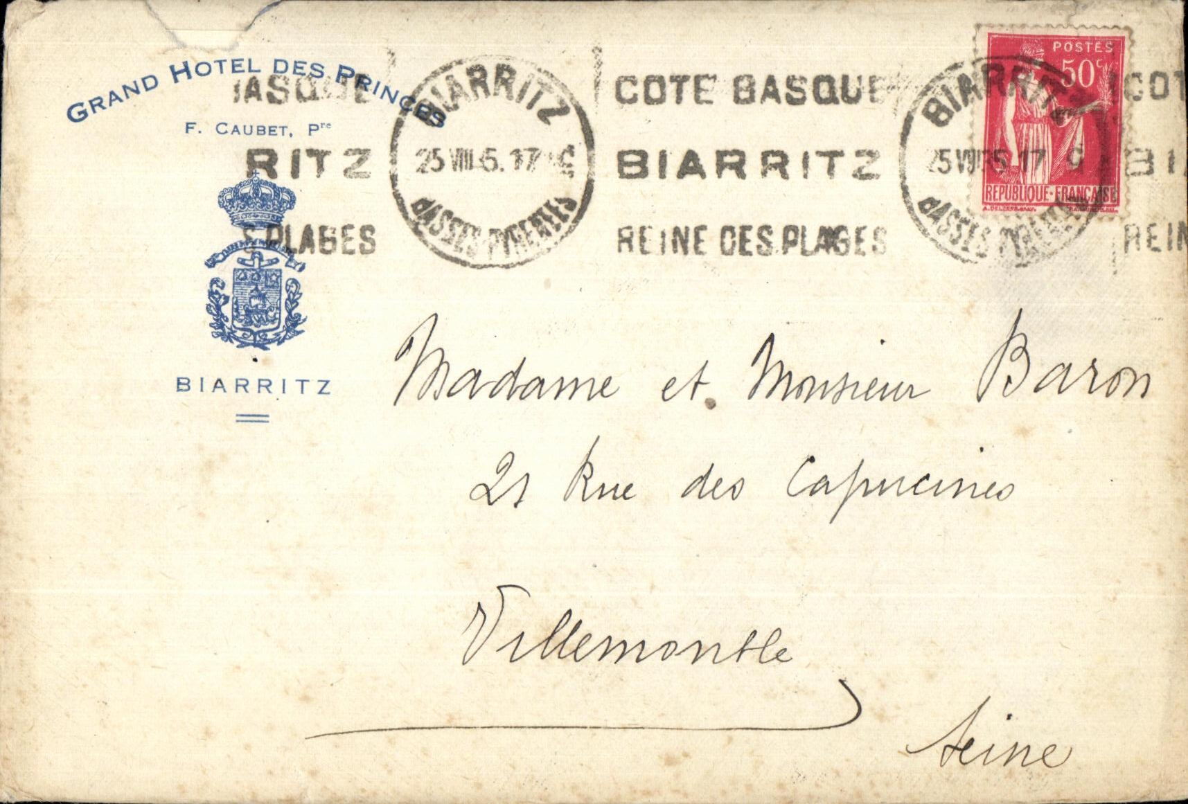 Lettre Grand Hotel des Princes Biaritz Pour Villemonbmle Monsieur Baron Rue des Capucines 1935