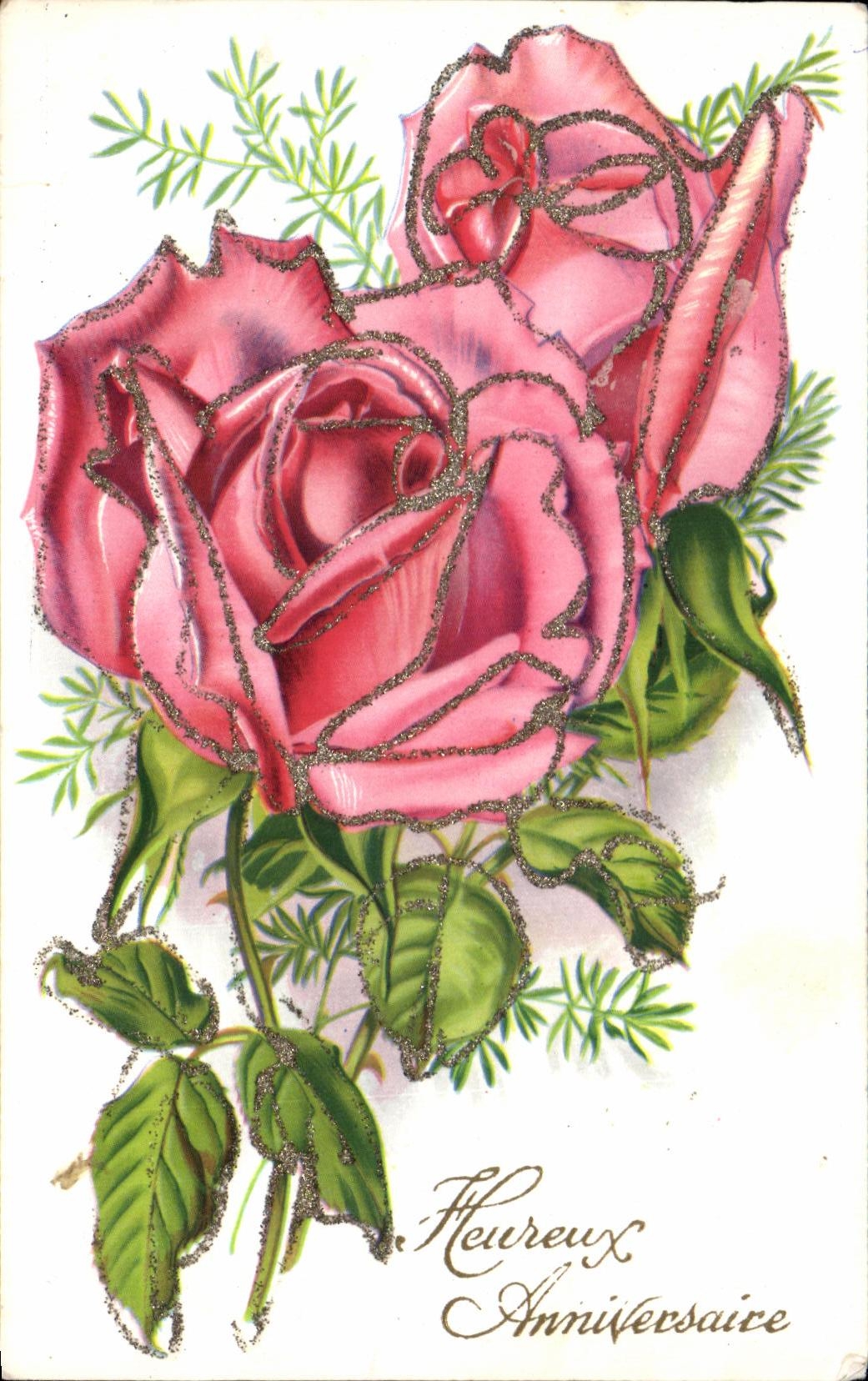 CPA Fantaisie Rose Fleurs Heureux Anniversaire
