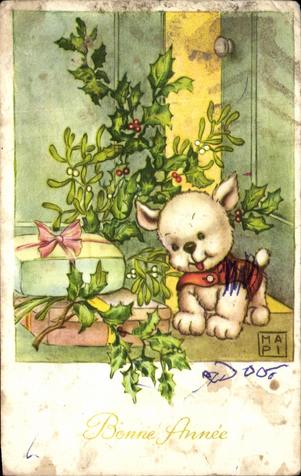 Chien blanc et branches de houx — carte de vœux — MAPI n° 006