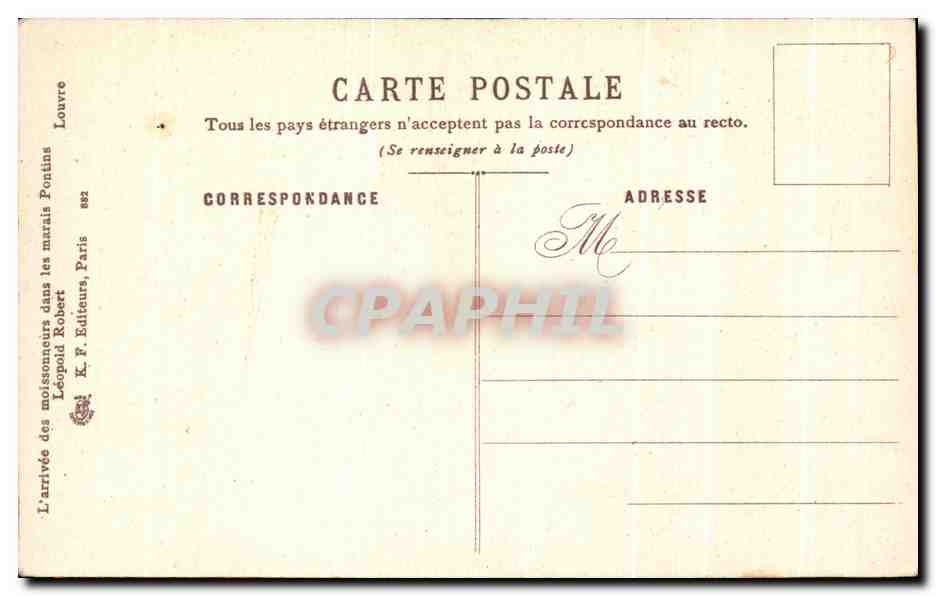 CPA L'arrivee des moissonneurs dans les marais pontins Leopold Robert Boeufs — Rückseite
