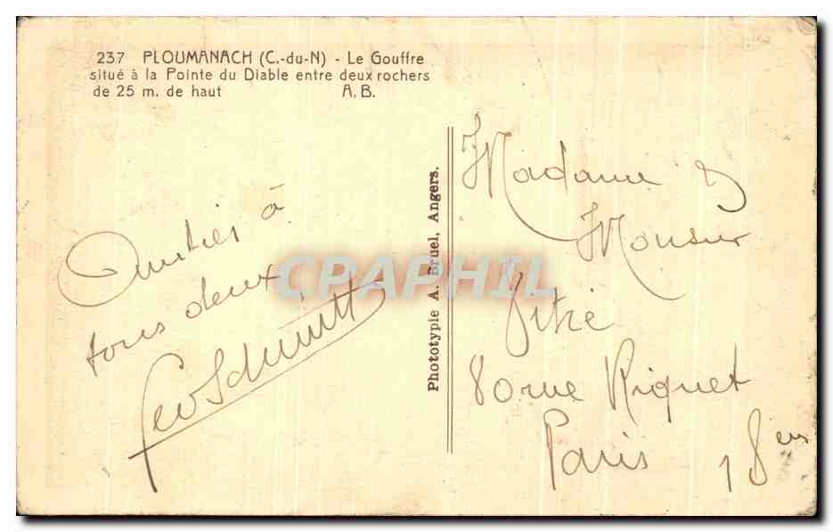 CPA Ploumanach Le Gouffre a la Pointe du Diable entre deux rochers — Verso