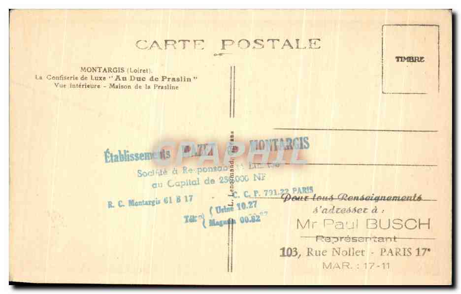 CPA Montargis La Confiserle de Luxe Au Duc de Praslin maison de la prasline  — Back