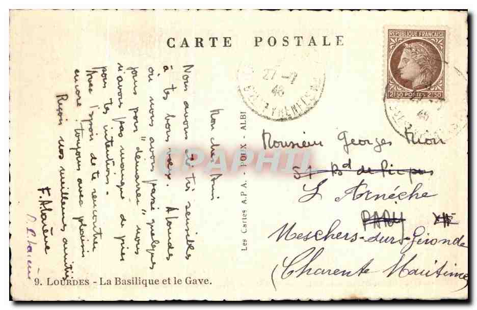 CPA Lourdes La Basilique et le Gave — Verso