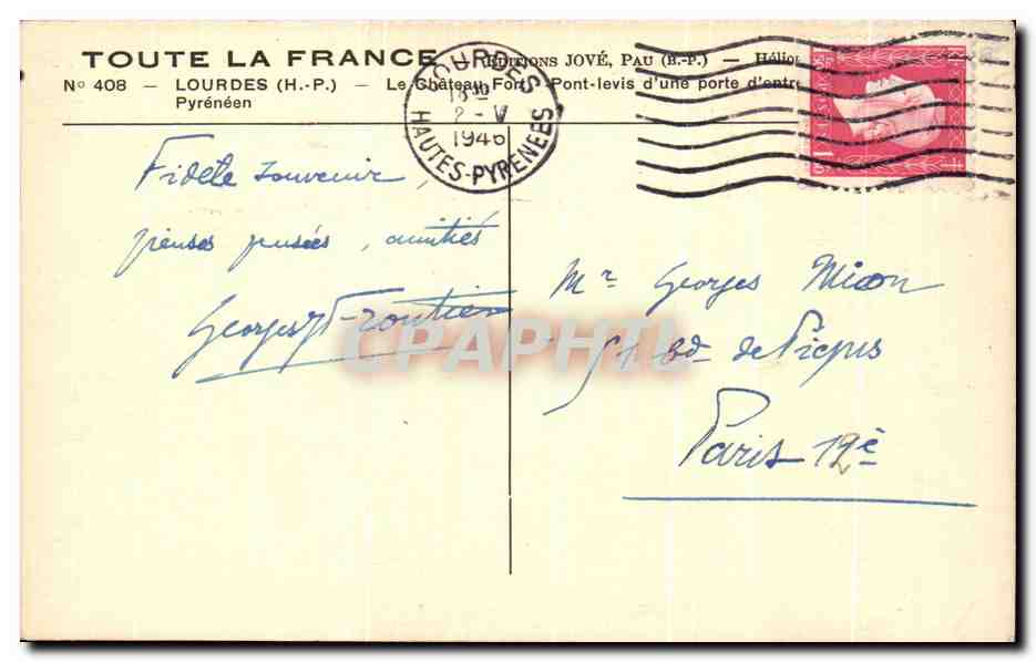 CPA Lourdes La chateau Fort Pont levis d'une Porte d'entree — Verso