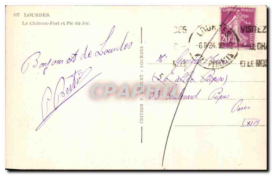 CPA Lourdes Le Chateau Fort et Pic du Jer — Verso