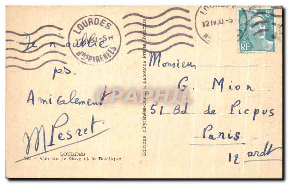 CPA Lourdes Vue sur le Gave et la Basilique — Verso