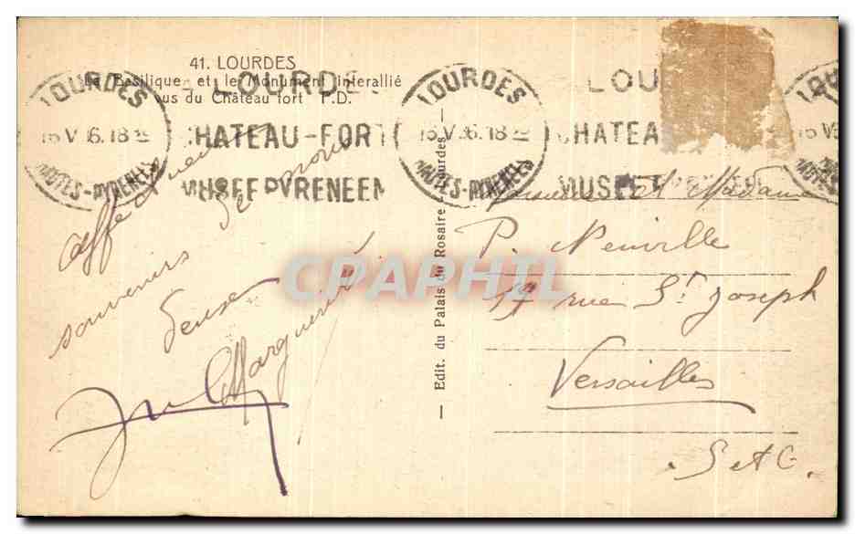 CPA Lourdes La Basilique et le Monument Interallie Vus du Chateau Fort — Verso