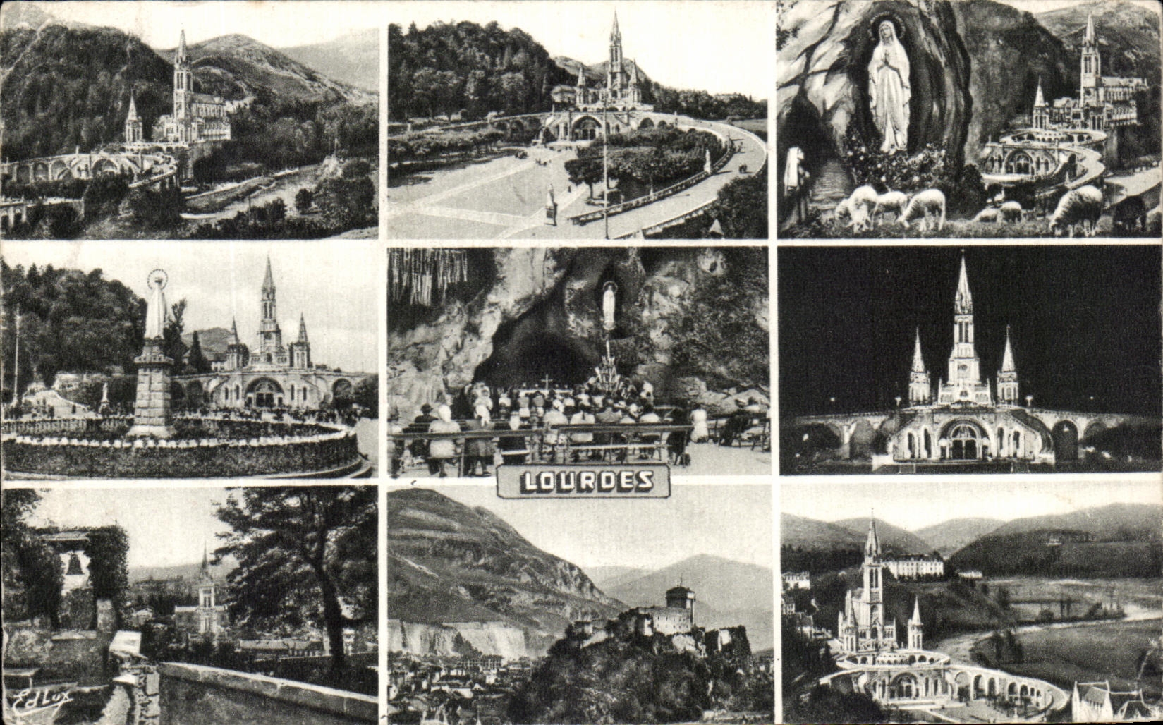 CPA Lourdes la basilique l'apparition la vierge couronnee la grotte miraculeuse et le chateau fort 