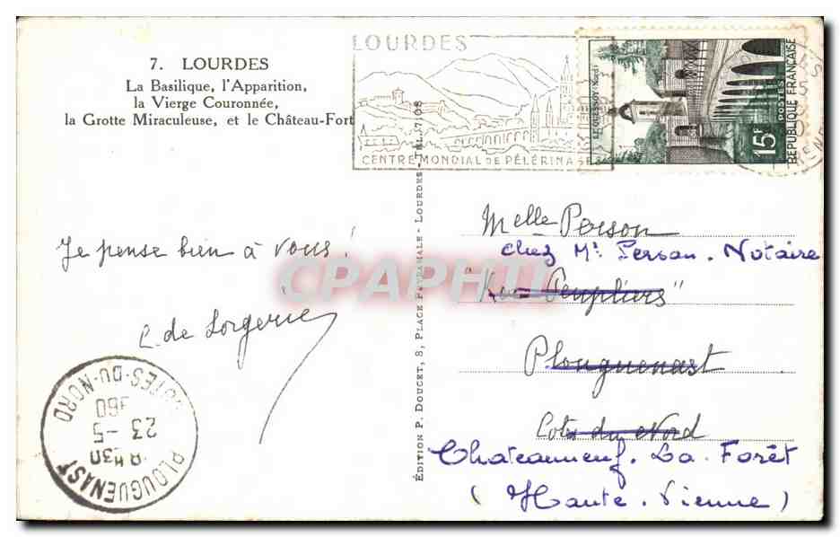 CPA Lourdes la basilique l'apparition la vierge couronnee la grotte miraculeuse et le chateau fort  — Rückseite