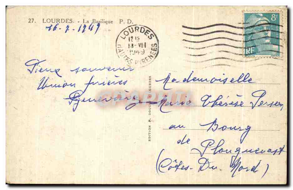 Lourdes — La Basilique P.D. — Édition A. Doucet Lourdes — Verso