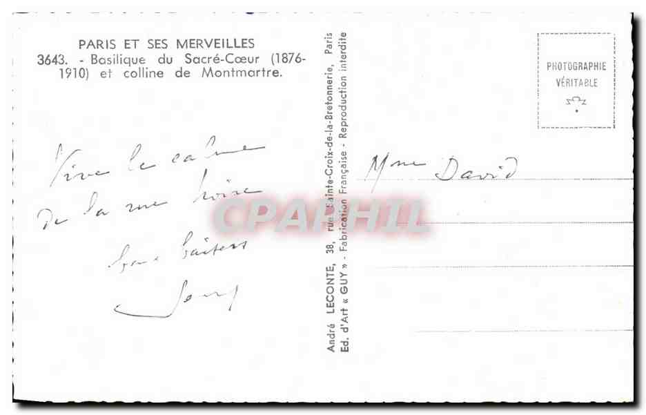 CPA Paris Et Ses Merveilles Basilique du Sacre-Coeur et colline de Montmartre — Rückseite