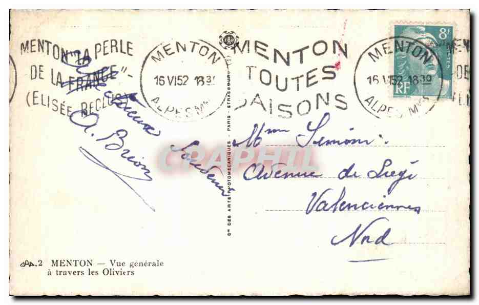 CPA Menton Vue Generale a Travers les Oliviers — Rückseite