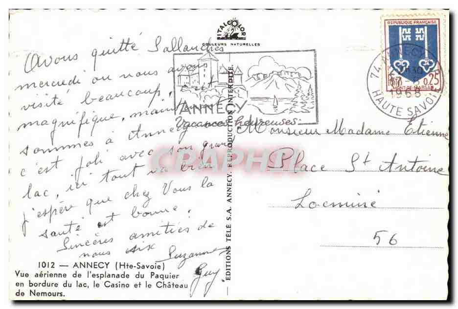 Annecy — Vue aérienne de l'esplanade du Paquier, le Casino et le Château de Nemours — Éditions Télé S.A. Annecy — Verso