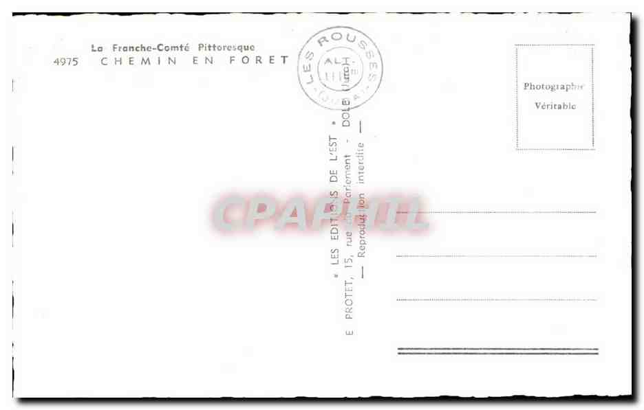 Chemin en forêt — La Franche-Comté Pittoresque — Éditeur Les Rousses, n°4975 — Rückseite