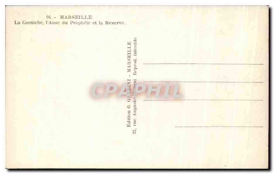 CPA Marseille La Corniche I'Anse du Prophete et la Reserve — Rückseite