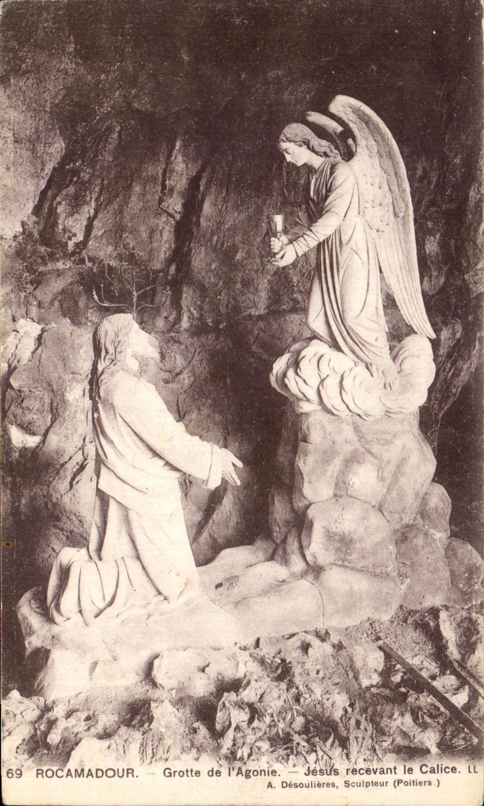 Rocamadour — Grotte der Agonie — Jesus empfängt das Kelch — A. Désoulières, Bildhauer (Poitiers.)