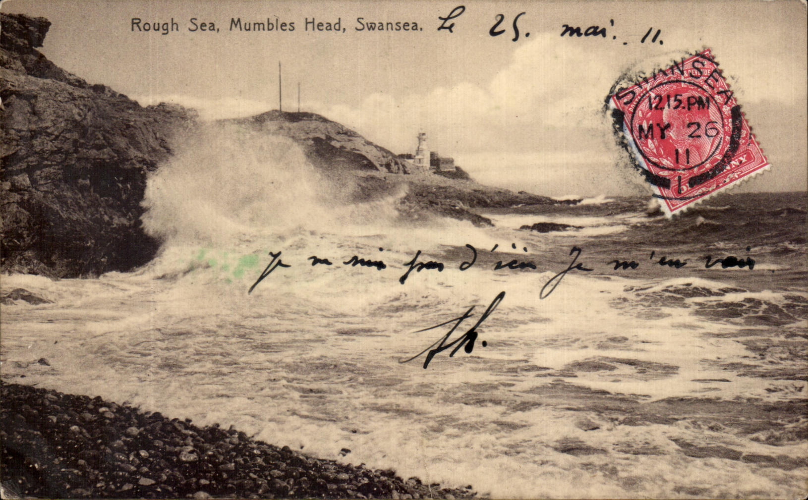Rough Sea, Mumbles Head, Swansea — vue de la mer agitée avec phare — éditeur Zonith Series, G. W. S.