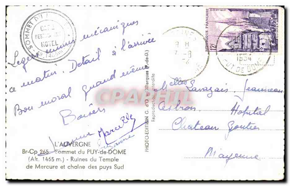 Puy-de-Dôme — Ruines du Temple de Mercure et chaîne des puys Sud — Édition G.d.O. — Verso