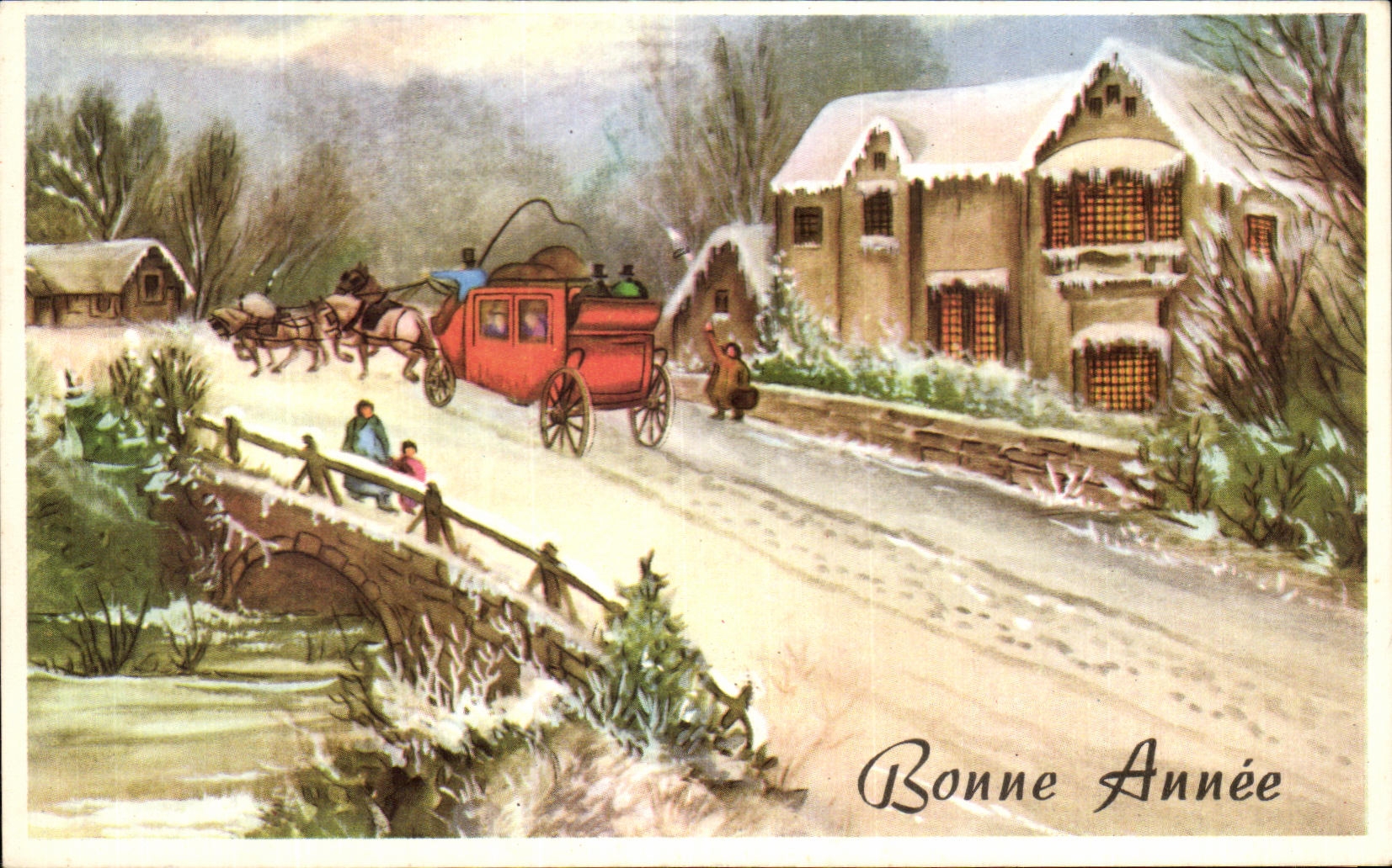CPA Bonne Annee Caleche 