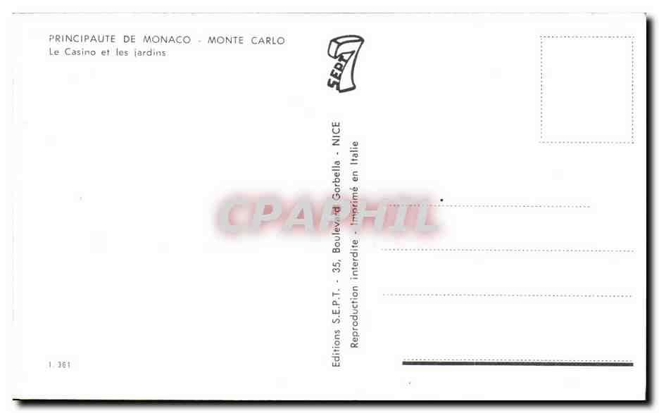 Casino de Monte-Carlo — Jardins — Editions S.E.P.T. - 35, Boulevard Gorbella - Nice — Verso