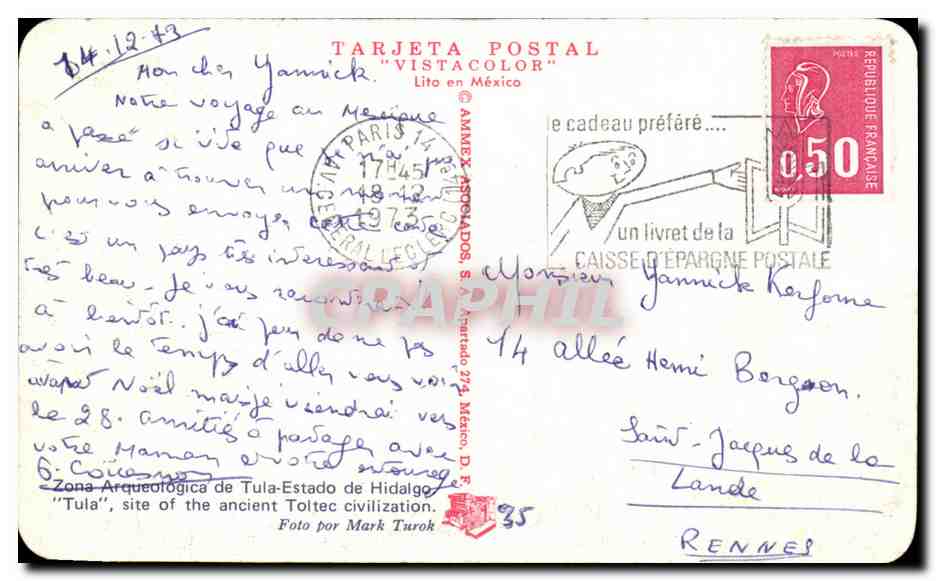 Zona Arqueológica de Tula — site de la civilisation tolteque — TARJETA POSTAL "VISTA COLOR" — Back