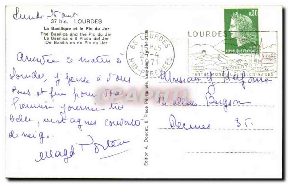 CPM Lourdes La Basilique et le Pic du Jer  — Verso