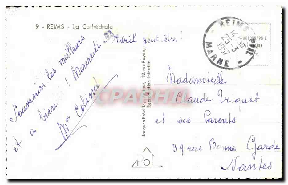 CPA Reims La Cathedrale — Verso