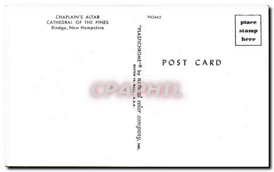 CPM Chaplain's Altar Cathedrale of the Pines Rindge New Hampshire — Rückseite