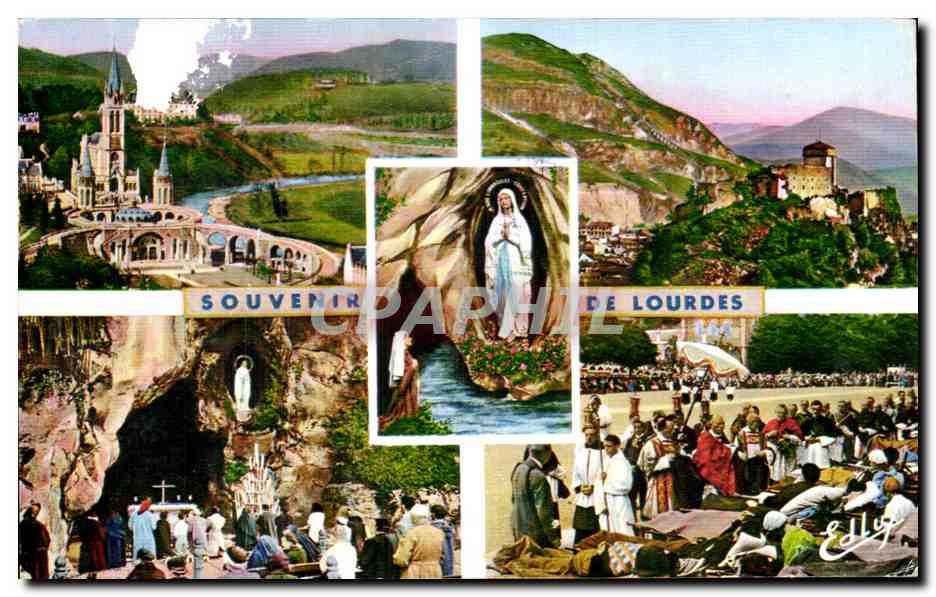 CPSM Souvenir De Lourdes la basilique La grotte Le chateau Fort la Benediction des Malades et l'Apparation