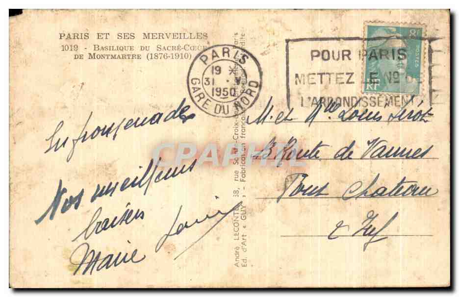 Tarjeta postal antigua París y sus maravillas Basílica del Sagrado Corazón de Montmartre — Reverso