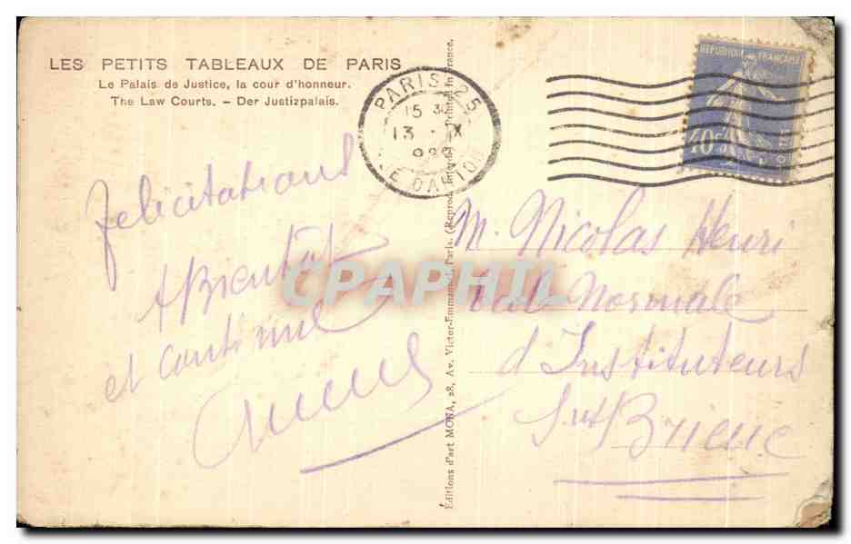 CPA Le Palais de Justice la cour d'Honneur  — Verso