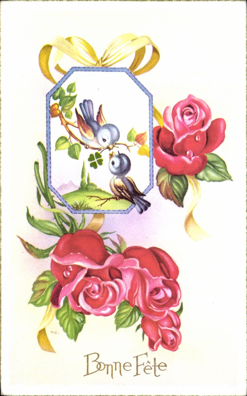 CPA Fantaisie Fleurs oiseaux
